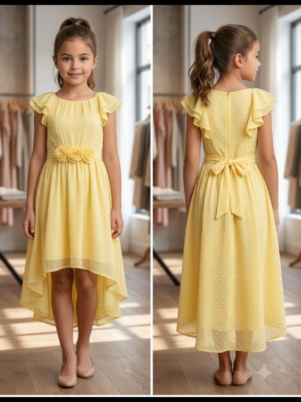 Wonder Nation Yellow High-Low Floral Waist Party Dress Girls Sz 8